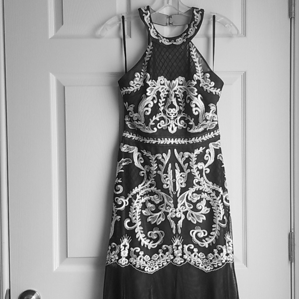 BCBGMaxazria Black and White Embroidered Gown